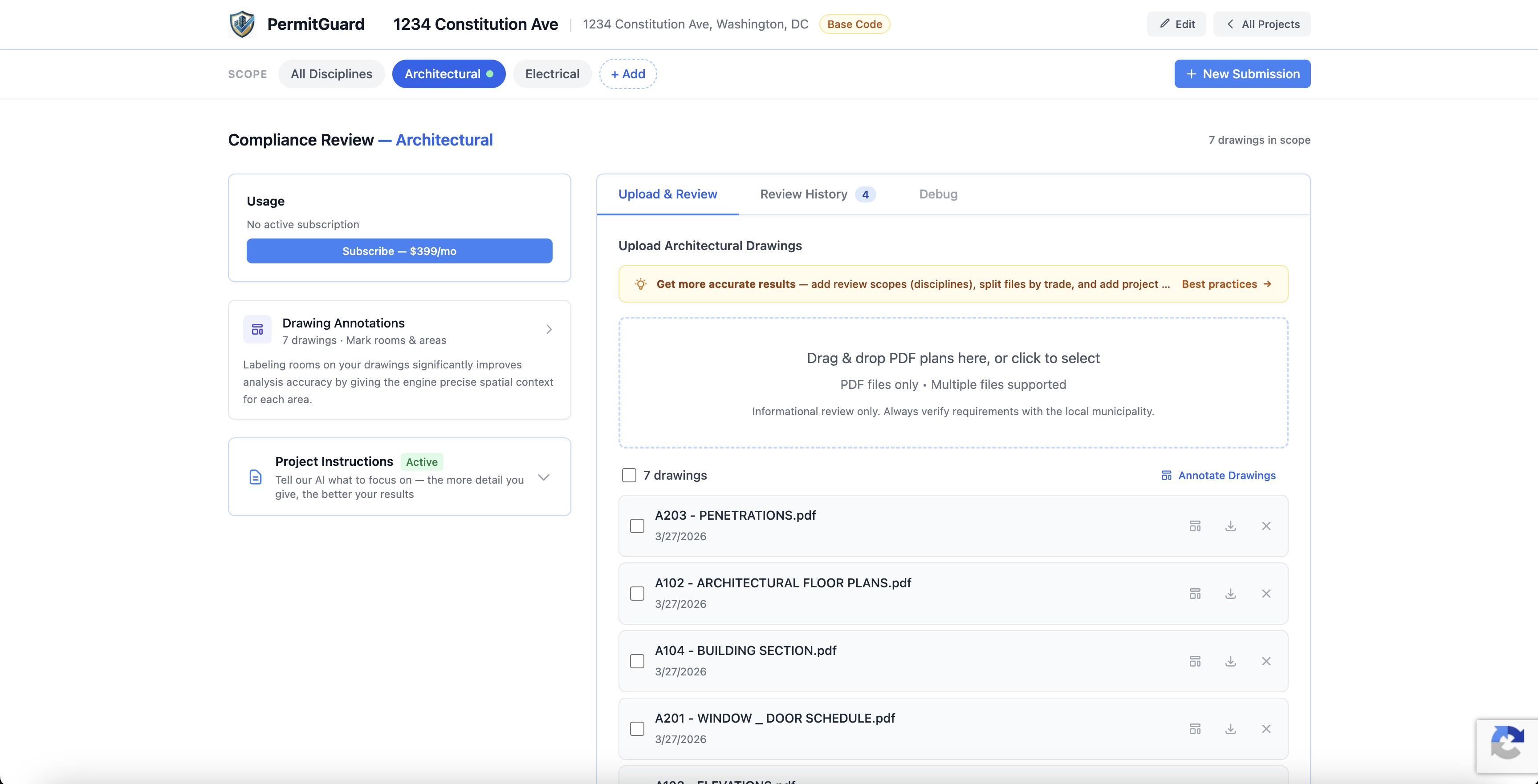 PermitGuard project dashboard showing uploaded construction drawings, discipline scopes, and drawing annotations for AI-powered permit compliance review