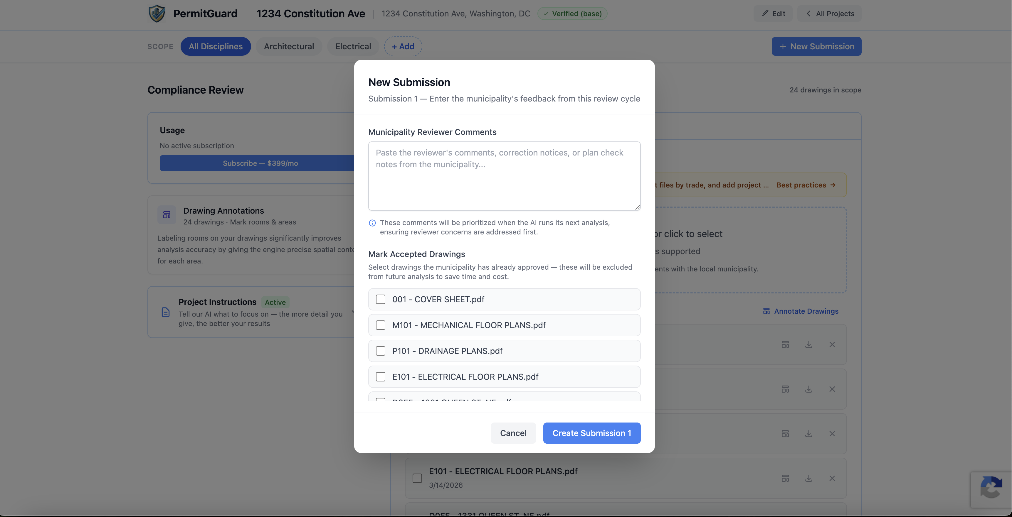 New submission modal in PermitGuard where users paste municipality reviewer comments and mark accepted drawings for the next compliance review cycle